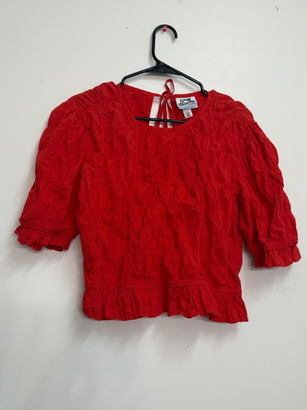 Future Collective Reese Blutstein Red Puff Elbow Sleeve Textured top Fairy